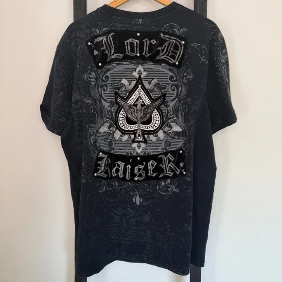 Mens Black Ace Skull Raw Blue Graphic T Shirt Lord Raiser Rhinestone Embellished - Picture 3 of 6